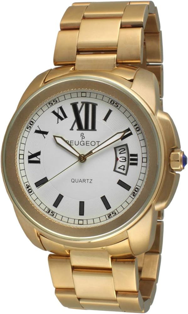 Peugeot Mens 14K Gold Plated Stainless Steel Luxury Watch with Roman Numerals Dial, Date Feature and Bracelet