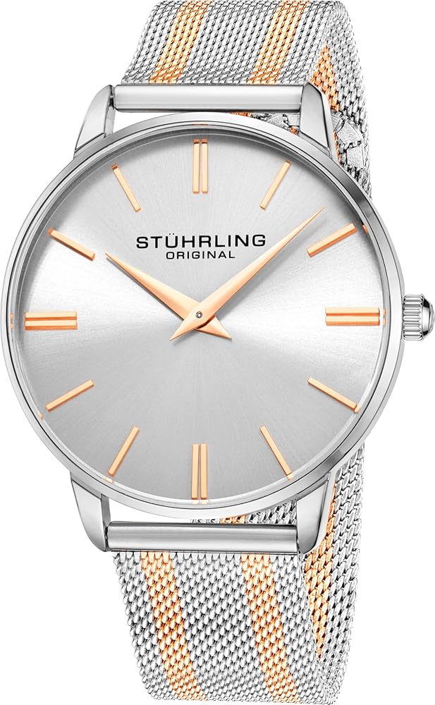 Stührling Original Men's Dress Watch 42mm Symphony Preston Quartz Stainless Steel Mesh Bracelet Band (Rose Gold/Silver)