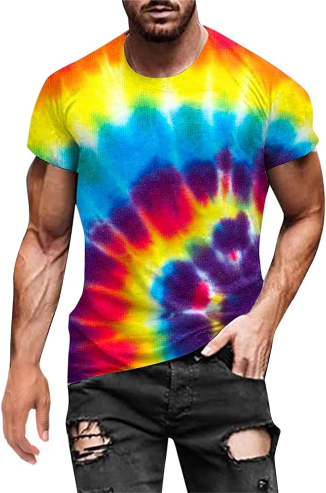 Mens Summer Shirt Rainbow Tie Dye T-Shirt Summer Casual Short Sleeve Tops Cool 3D Printing Muscle Workout Tees Blouse