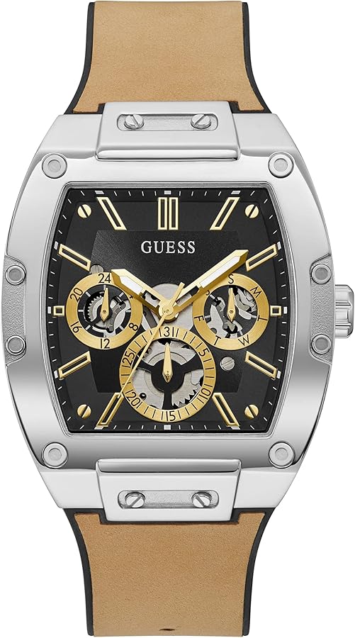 GUESS Mens Casual Multifunction 43mm Watch – Coffee Stainless Steel Case with Blue Diamond Dial & Brown Croco Leather Strap