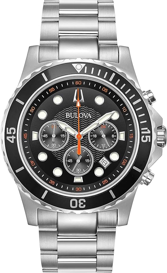 Bulova Men's Classic Sport 6-Hand Chronograph Quartz Watch, Calendar Date, Luminous Hands and Markers, 100M Water Resistant, 44mm Style: 98B326