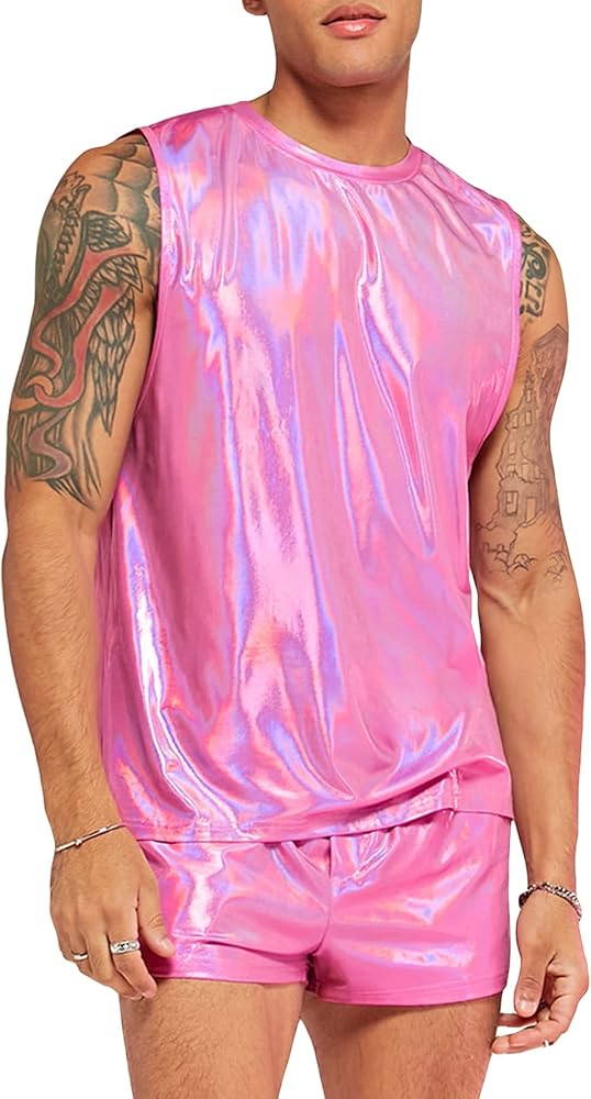 WDIRARA Men's 2 Piece Outfit Metallic Round Neck Sleeveless Tank Top and Drawstring Pocket Shorts