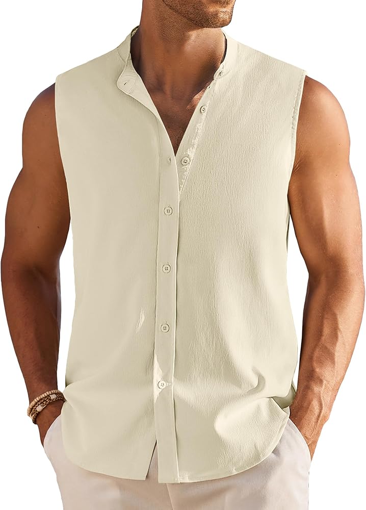 COOFANDY Men's Summer Beach Tank Tops Sleeveless Button Up Shirt Casual Textured Tank Shirts