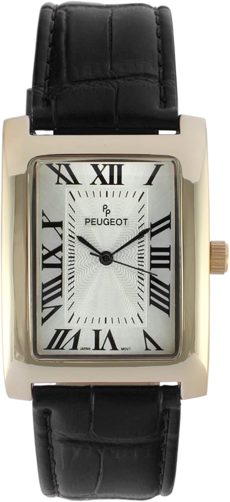 Peugeot Men’s Vintage Tank Shape 14K Gold Plated Wrist Watch with Roman Numeral Dial