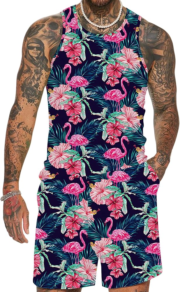 Men's Floral Tank Top Set Sleeveless Tees Outfit Luxury Print Casual Sport T-Shirts Tracksuit Hawaii Beach Vacation