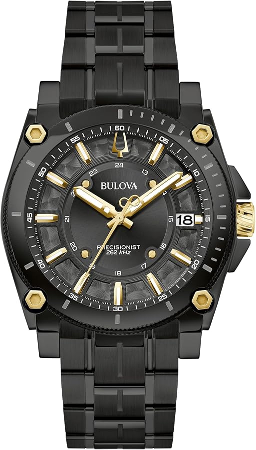 Bulova Men's Icon High Performance Quartz Black Ion Plated Stainless Steel Watch, 3-Hand, Chronograph, Curved, Black Dial, Sapphire Crystal Style: 98B408