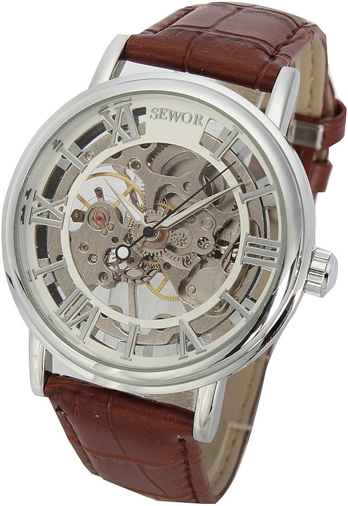 SEWOR Men's Mechanical Skeleton Transparent Vintage Style Leather Wrist Watch (Sliver)