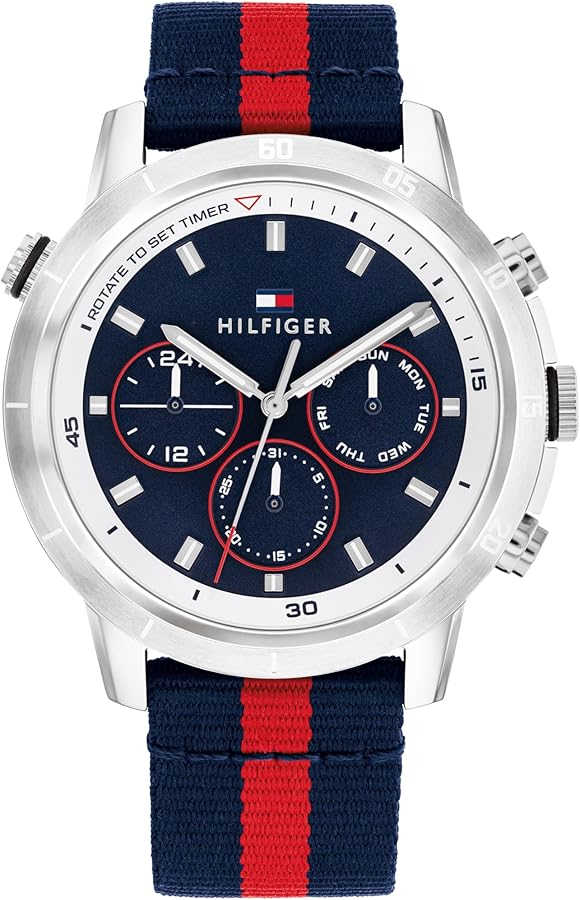 Tommy Hilfiger Mens Casual Watch - Multifunction Nylon Wristwatch - Water Resistant up to 5 ATM/50 Meters - Premium Fashion Timepiece for All Occasions - 46mm