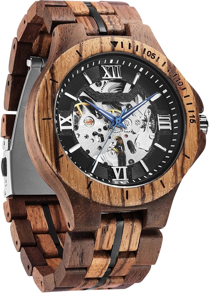 FORSINING Men's Solid Wood Mechanical Skeleton Watch, Vintage Wooden Band with Hollow Dial Wristwatch, Automatic Self-wind Men Watches