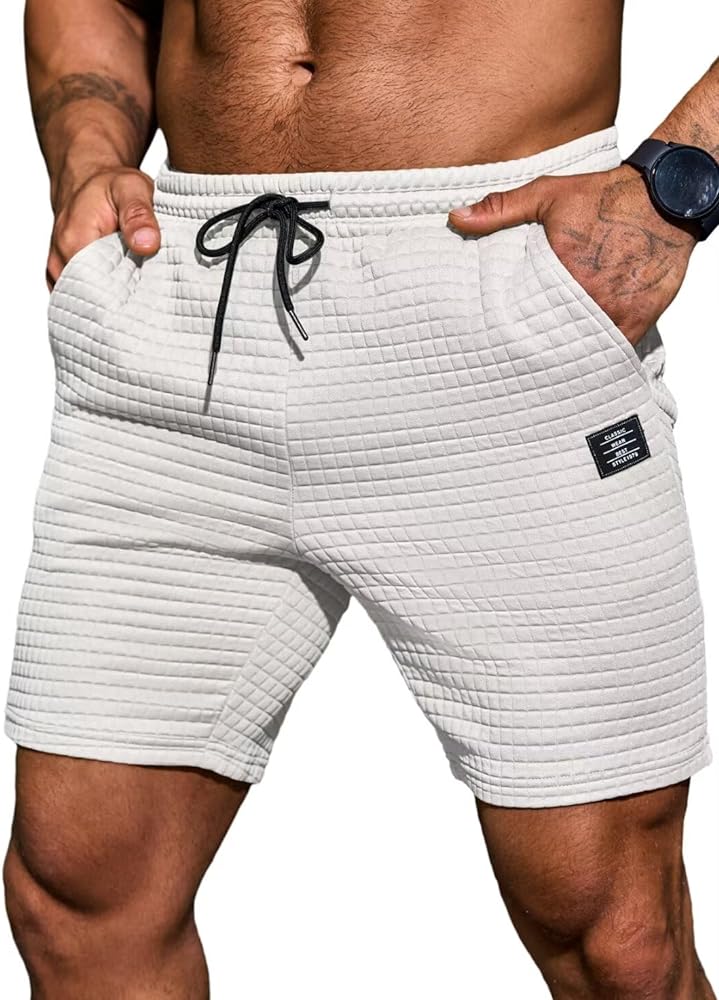 Mens Casual Shorts Waffle Elastic Waist Drawstring Workout Running Jogging Shorts with 2 Pockets