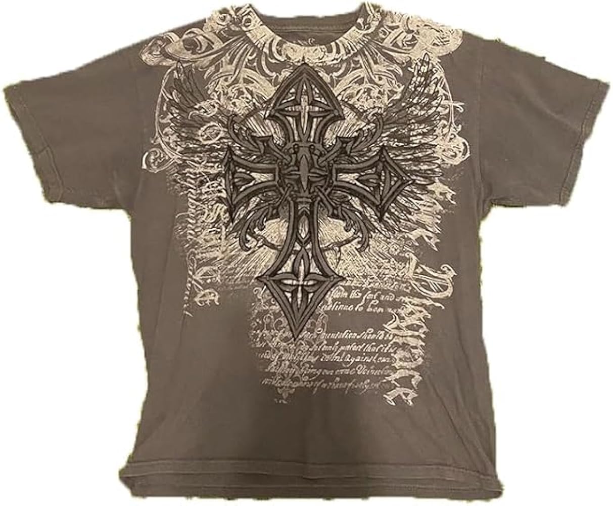 Men's Y2K Vintage T-Shirt Gothic Cross Graphic Print T-Shirt Round Neck Short Sleeve Tops