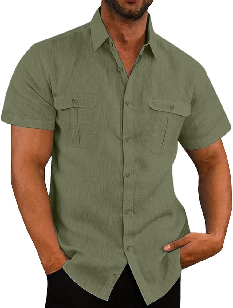 Mens Shirts Button Down Short Sleeve Cotton Linen Shirts Summer Casual Spread Collar Beach Shirts with Pockets