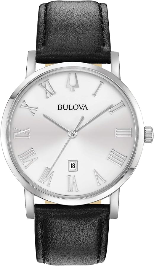 Bulova Men's Classic 3-Hand Calendar Date Quartz Leather Strap Watch, Roman Numeral Markers, 40mm