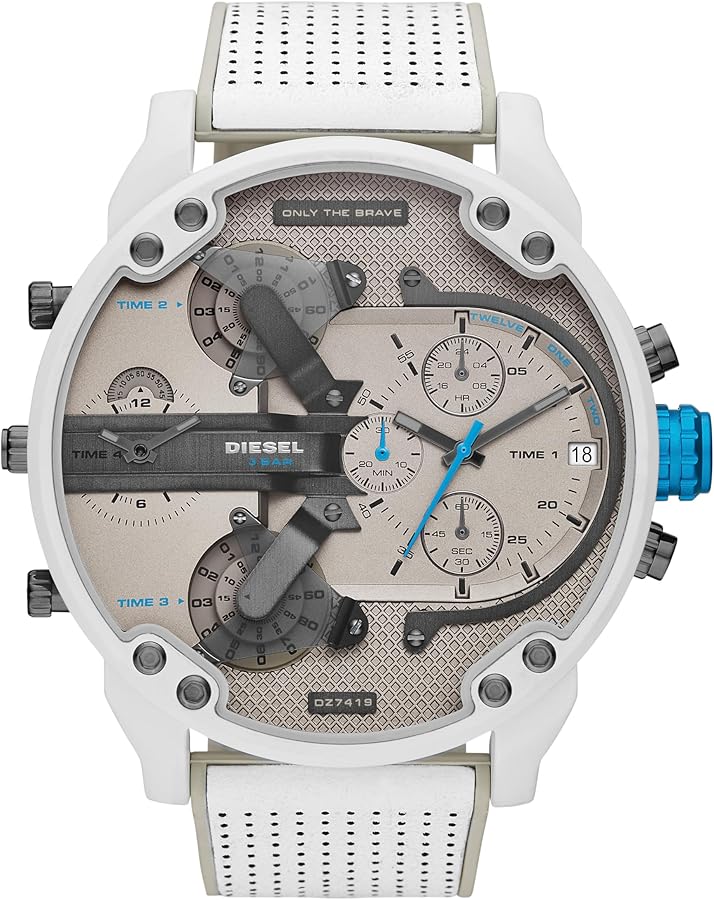 Diesel Mr. Daddy 2.0 Stainless Steel and Leather Chronograph Men's Watch, Color: White/Gray (Model: DZ7419)