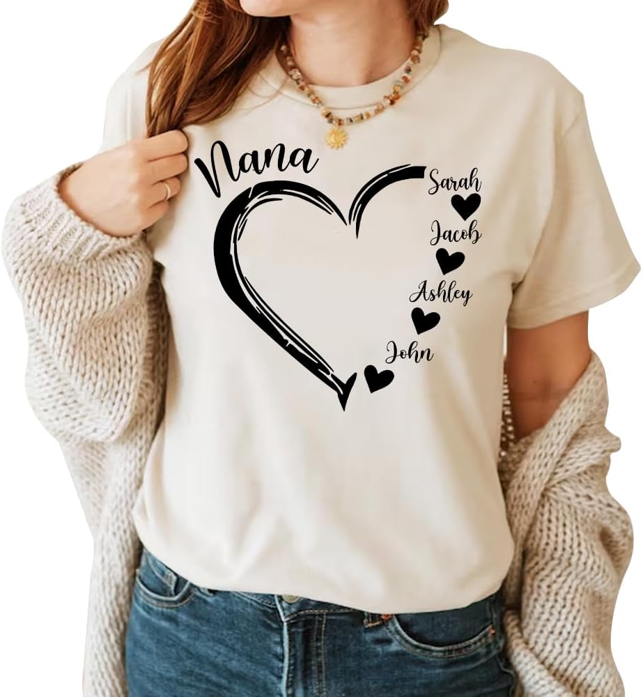 IZI POD Personalized Grandma Shirt, Grandma Heart Shirt, Grandkids Name Shirt, Christmas Birthday for Nana Mimi Mom Mama