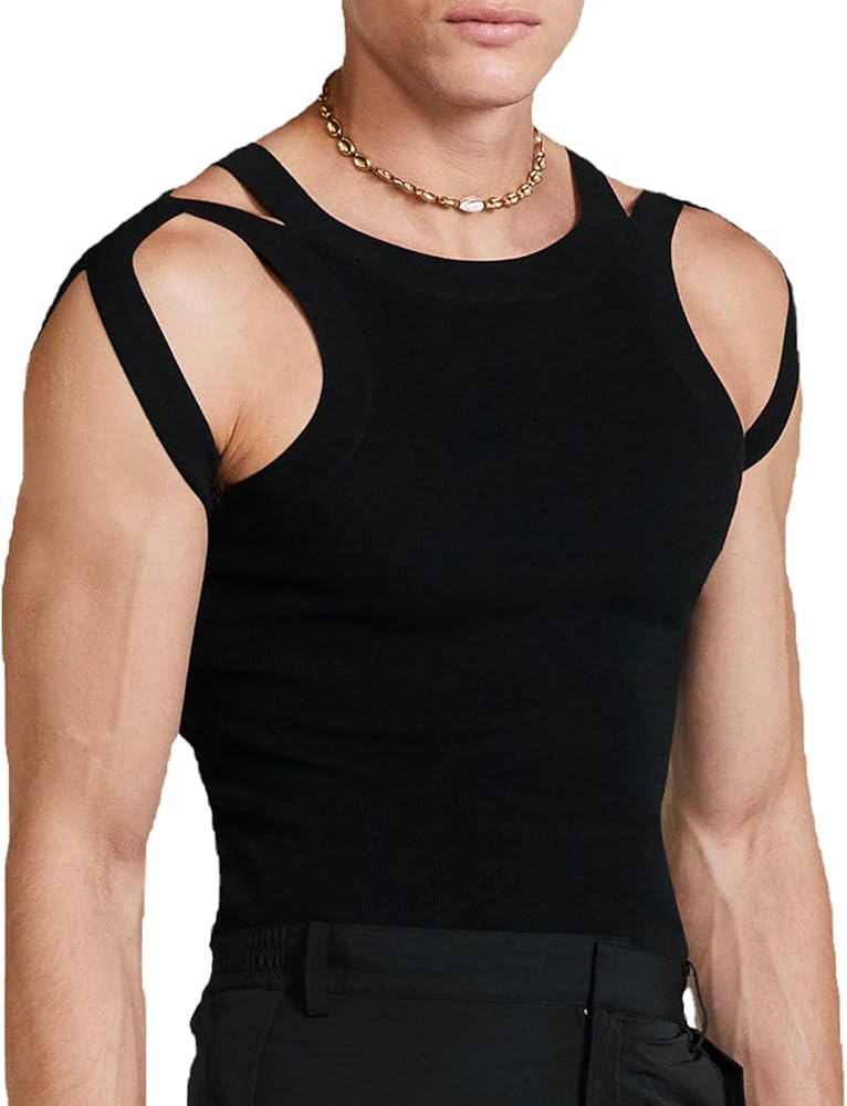 Men's Hollow Out Sleeveless Tank Top Rave Vest Clubwear Yoga Dance Clothes Short Seelve Workout Tops Party Club Tee