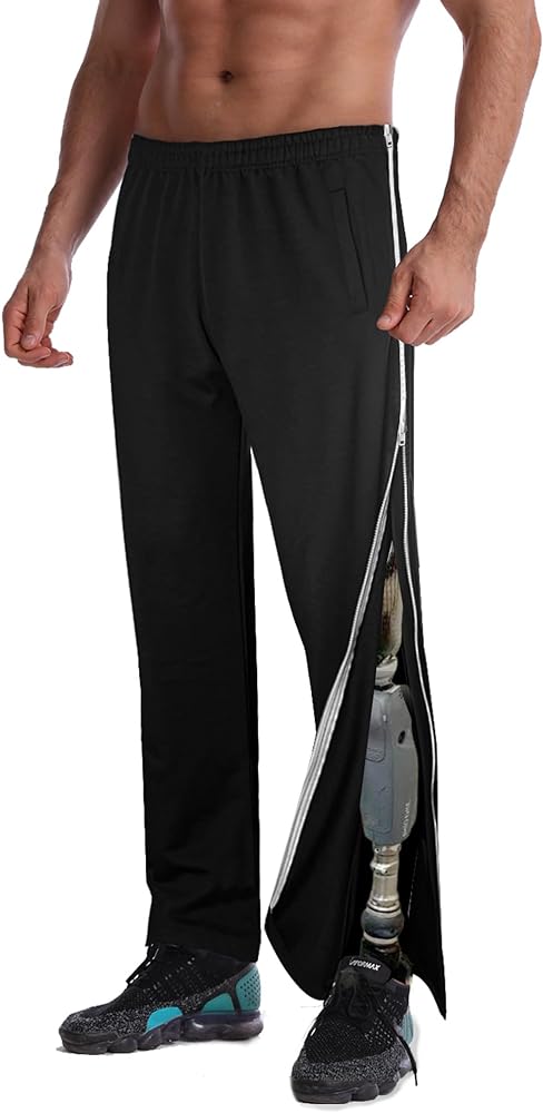 Men Tear Away Pants Cotton 2 Side Zippers Snaps Post Surgery Breakaway Pant Full Open Rip Off Sweatpant for Hip Replacement