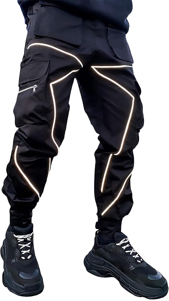 BOOMLEMON Men's Cargo Jogger Pants Reflective Technical Hip Hop Harem Pants Punk Streetwear Tactical Track Pants