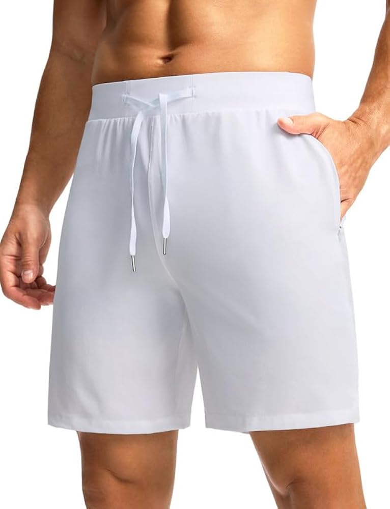 G Gradual Men's Workout Shorts with Zipper Pockets 7'' Lightweight Quick Dry Athletic Gym Running Shorts for Men(White,L)