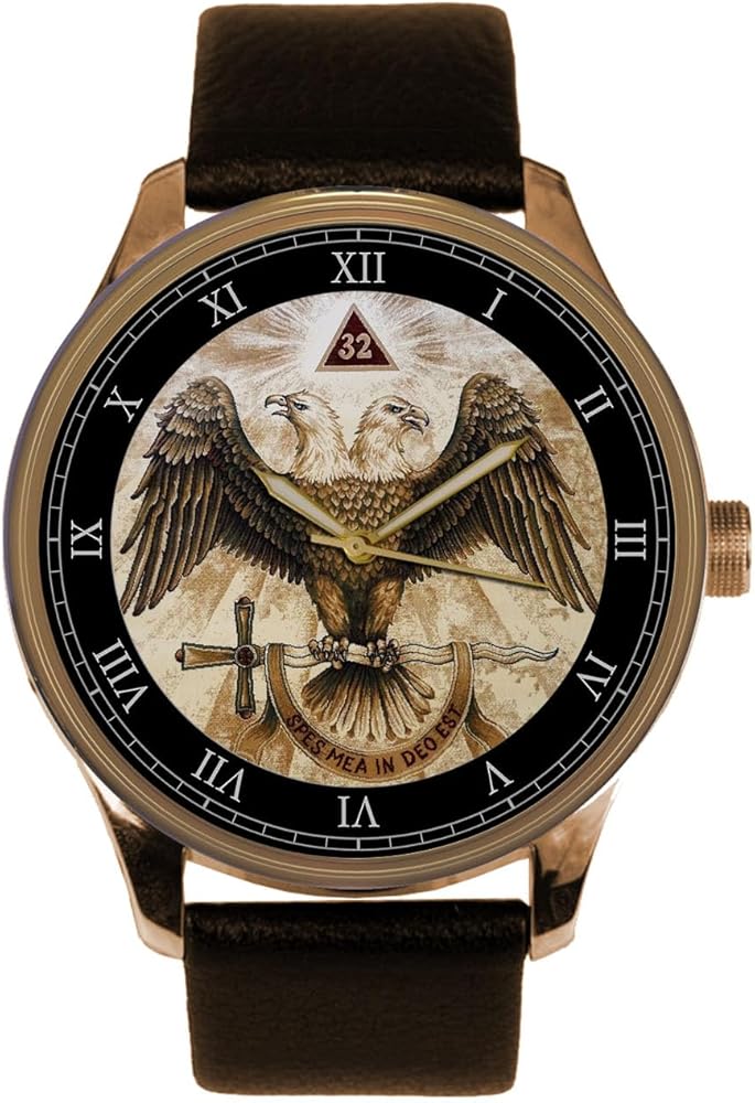 32nd Degree Masonic Southern States Lodge Downward Wings Eagle Parchment Art Solid Brass Freemasonry Men's Watch