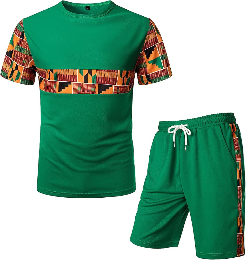 ZEROYAA Men's Africa Style T-Shirt and Shorts Set Mesh Tracksuit Dashiki Outfits