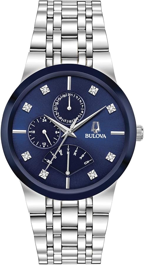 Bulova Men's Multi-Function 3-Hand Quartz Watch with Diamond Dial, Edge to Edge Crystal