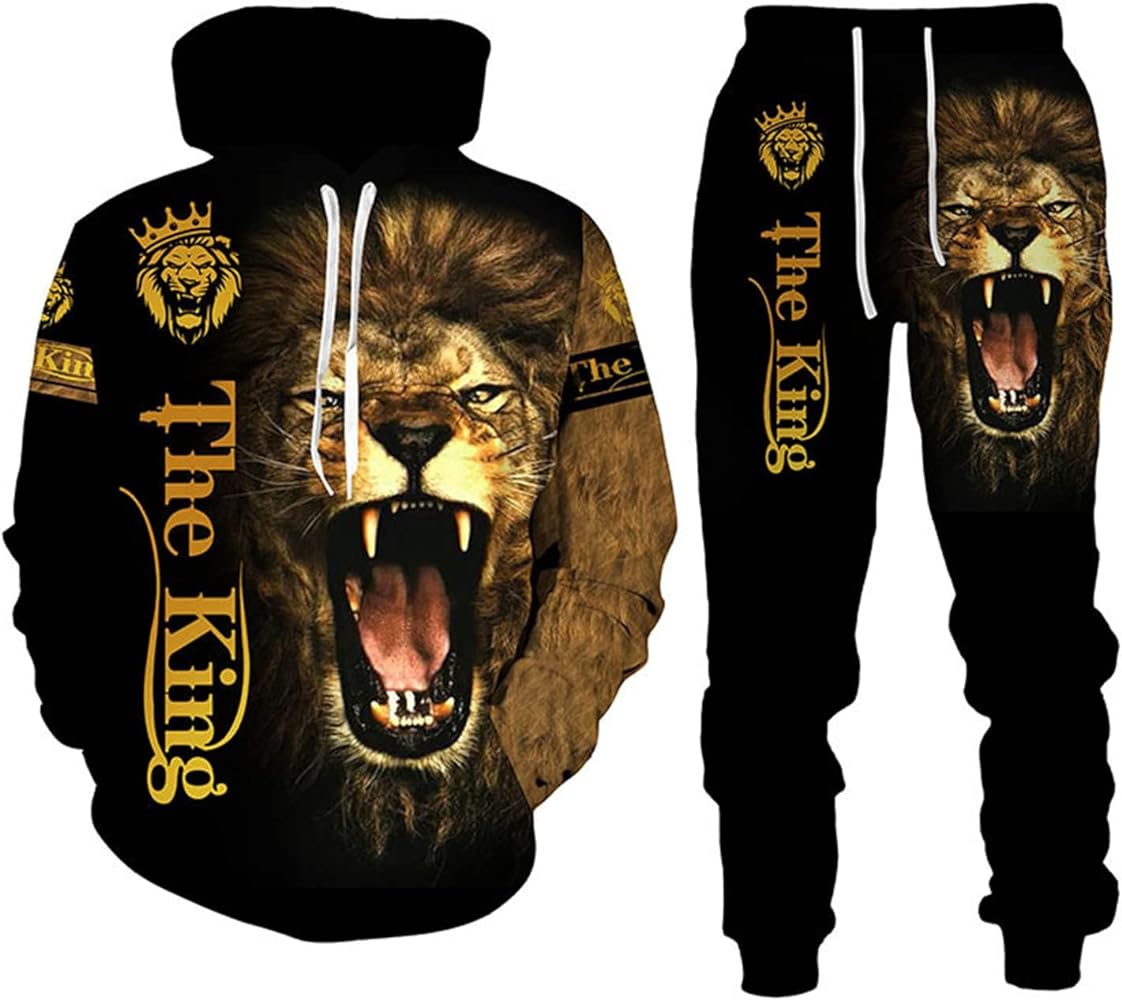 Lion King 3D Printed Men's Hoodies Sweater Set Pullover Tracksuit for Big and Tall 2 Piece Sweatshirt Suit