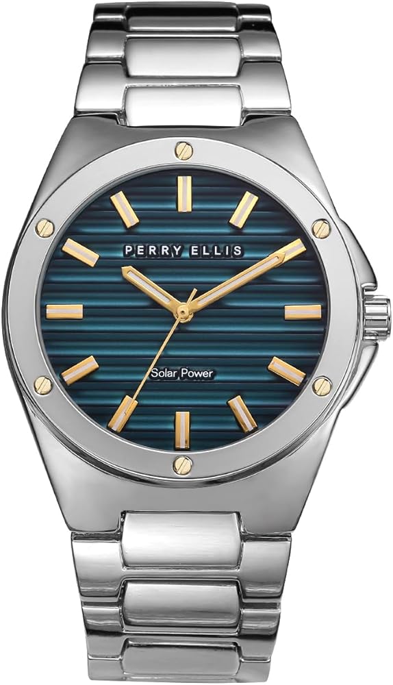 Perry Ellis Solar Powered Mens Watch | Alloy Bracelet | Water-Resistant Analog Wrist Watches for Men | 42mm Case | Relojes para Hombres | Elegant Gift for Man