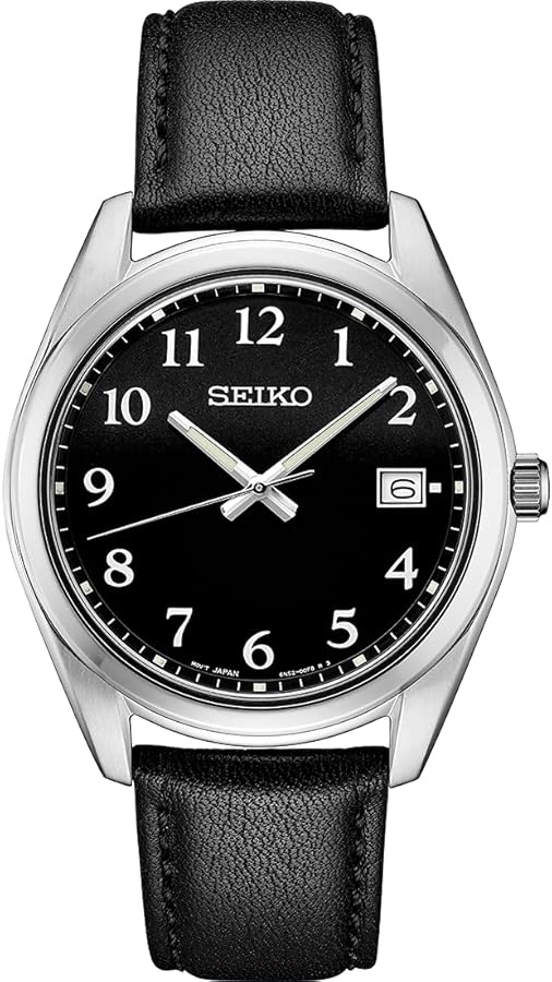 SEIKO SUR461 Automatic Watch for Men - Essentials - Black Dial - Stainless Steel, Leather Band, 100M Water Resistant