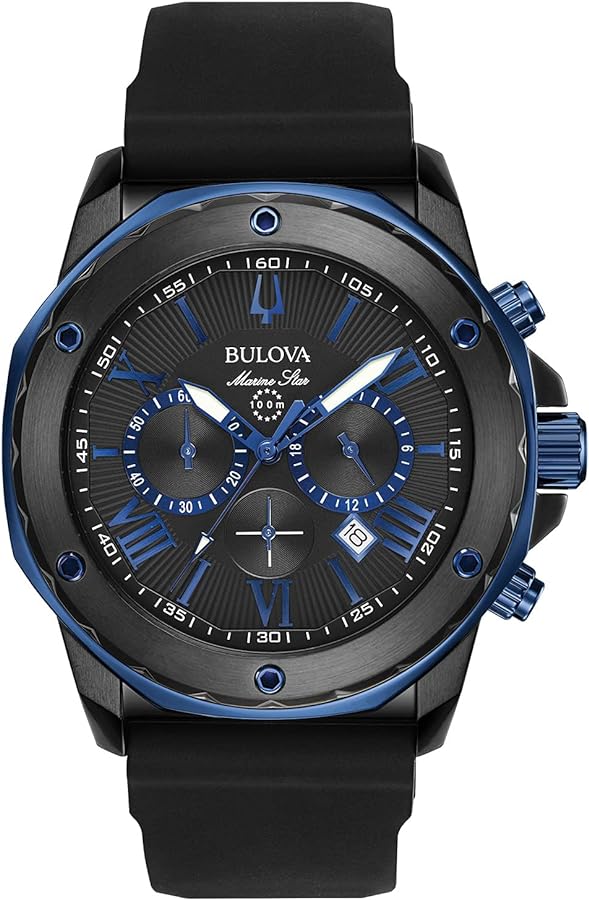 Bulova Men's Marine Star Series A Black and Blue Ion-Plated Stainless Steel 6-Hand Chronograph Quartz Watch, Black Silicone Strap, 40mm Style: 98B308