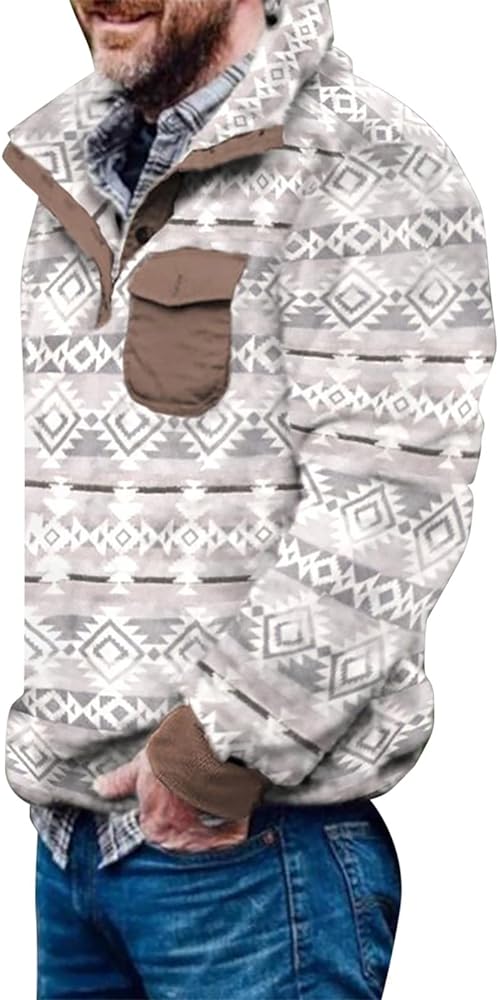 Men's Fuzzy Fleece Pullover Sweatshirt Aztec Print Button Up Warm Sweater Jumper Tops for Men