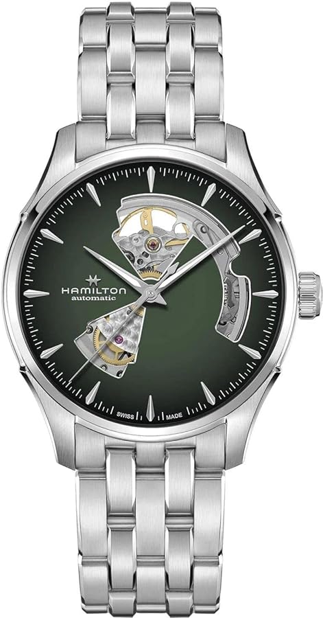 Hamilton Watch Jazzmaster Open Heart Auto | Swiss Made | 40mm Stainless Steel Case | Green Dial Analog Watch | Silver Stainless Steel Bracelet (Model: H32675160)