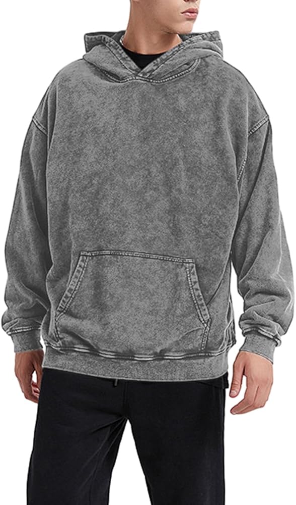 Oversized Vintage Hoodie Men Cotton Acid Wash Hooded Sweatshirt Baggy Basic Casual Streetwear Pullover with Pocket