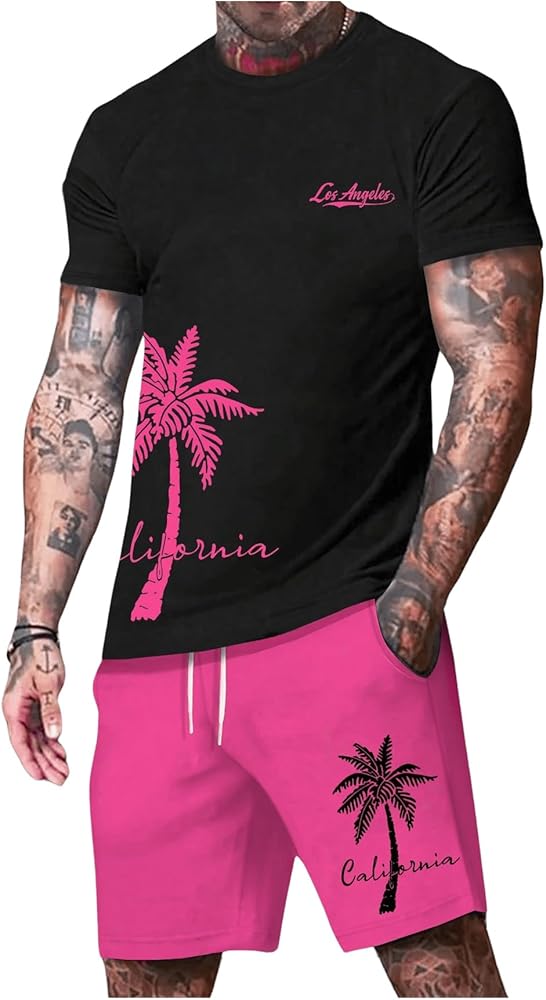 SOLY HUX Men's Hawaiian 2 Piece Outfits Letter Graphic Short Sleeve Tee and Drawstring Shorts Set