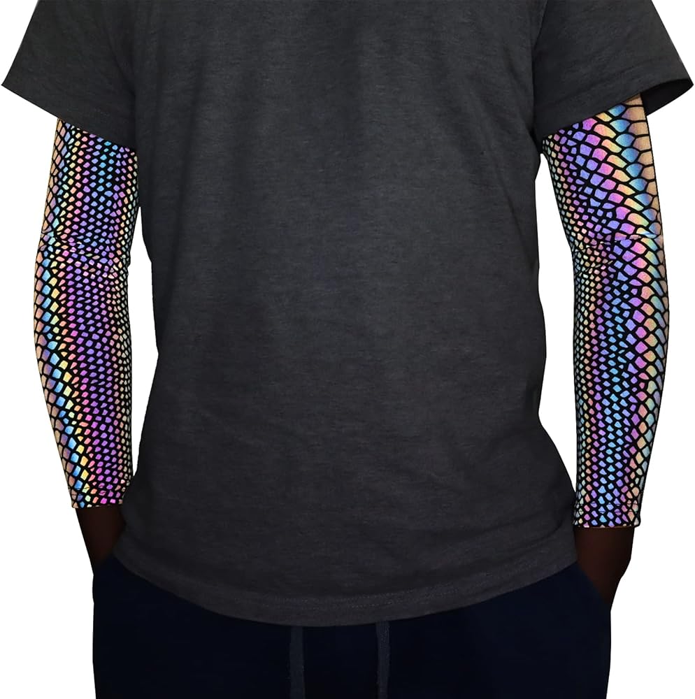 Men Rainbow Reflective Sleeves Compression Arm Sleeves Holographic Glowing Night Casual Sleeves