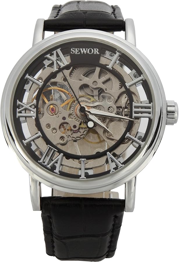 SEWOR Men's Mechanical Skeleton Transparent Vintage Style Leather Wrist Watch