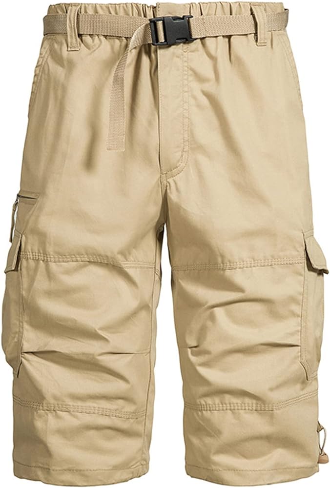 below The Knee Shorts for Men Belted Classic Fit Multi Pockets Long Cargo Shorts for Men Casual Hiking Shorts