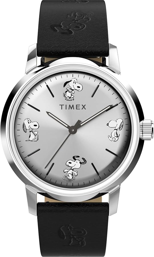 Timex Men's Marlin Automatic Peanuts Sketch 40mm Watch - Black Strap Silver-Tone Dial Stainless Steel Case