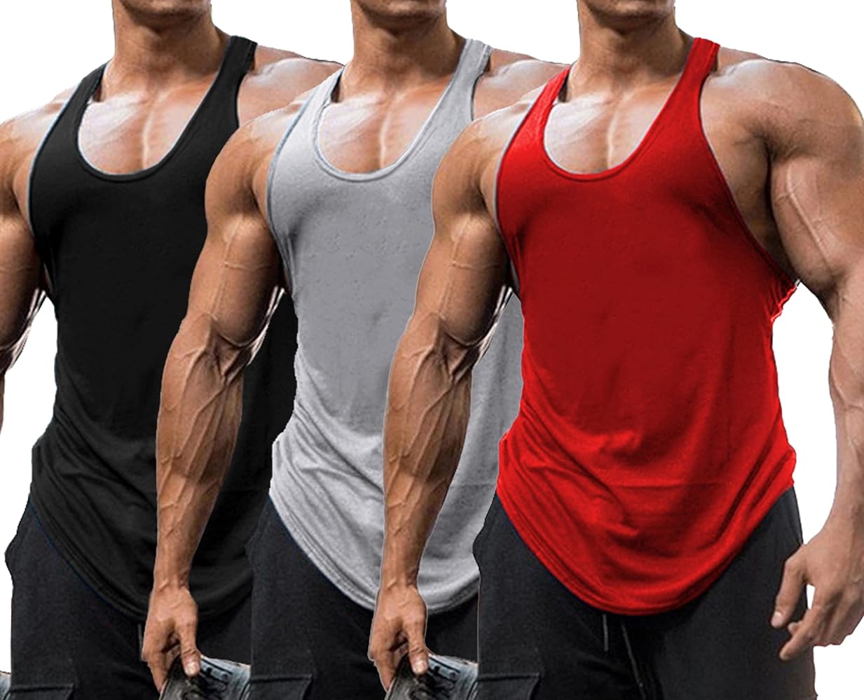 Babioboa Men's 3 Pack Gym Workout Tank Tops Y-Back Muscle Tee Stringer Bodybuilding Sleeveless T-Shirts