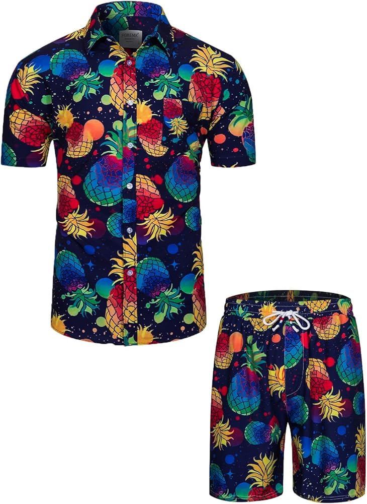 fohemr Mens Hawaiian Shirt and Short Beach Set Match Tropical Pineapple/Flamingo Pattern Outfits Short Sleeve Short 2 PC