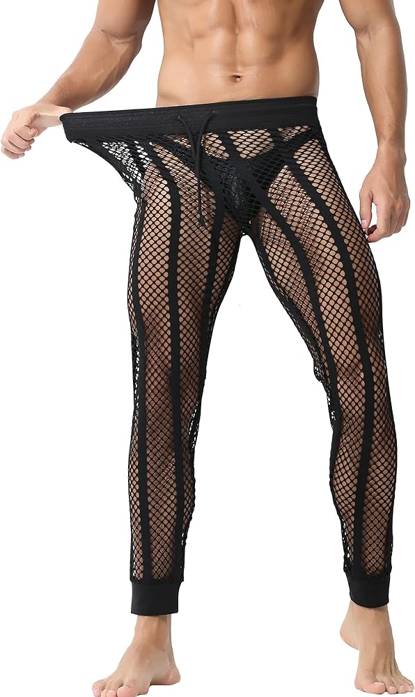 YUFEIDA Men's Fishnet Pants Drawstring Bottoms Low Rise Mesh Leggings Muscle Fit Long Pants See Through Thermal Bottoms