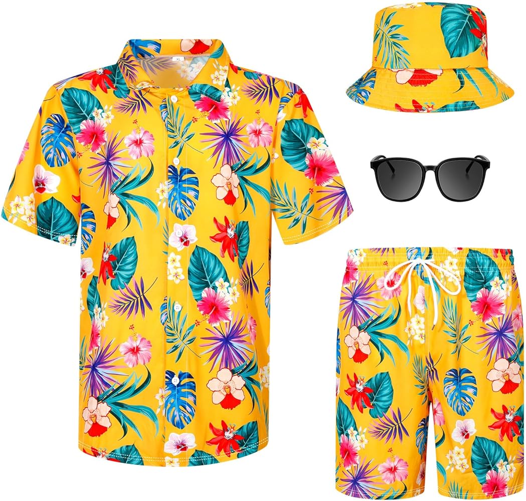 4Pcs Men's Hawaiian Shirt and Short Set Casual Button Down Summer Beach Flower Outfits with Bucket Hats Sunglasses