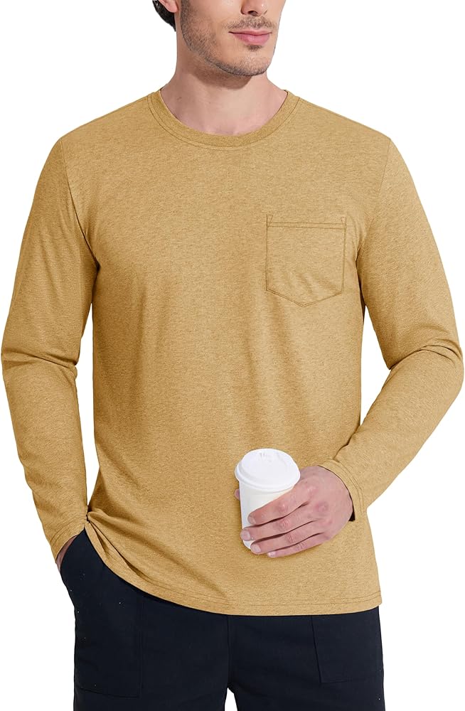 MAGCOMSEN Men's Long Sleeve Shirt with Pocket Cotton Crew Neck Shirts Casual Lightweight T-Shirt