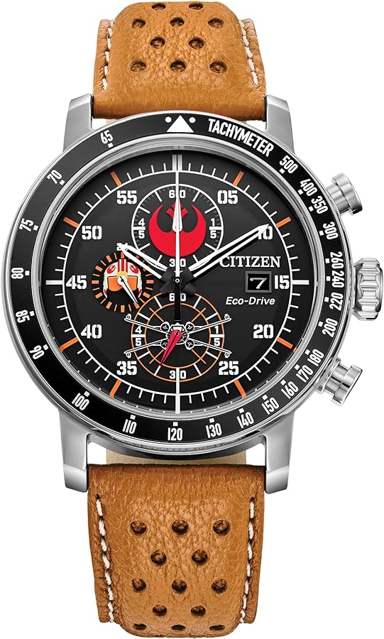 Citizen Eco-Drive Star Wars Men's Watch, Stainless Steel with Orange Leather strap, Rebel Pilot, Silver-Tone, 44mm (Model: CA4478-56L)