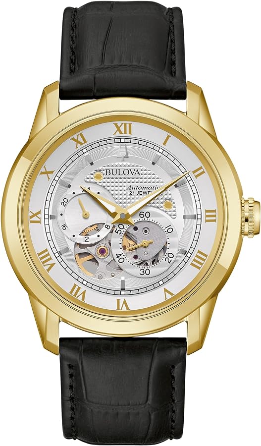 Bulova Men's Classic Sutton 4-Hand Automatic Watch, 24-Hour Sub Dial, Open Aperture, Self-Winding, Exhibition Caseback, Double Curved Mineral Crystal, Luminous Hands, 42mm