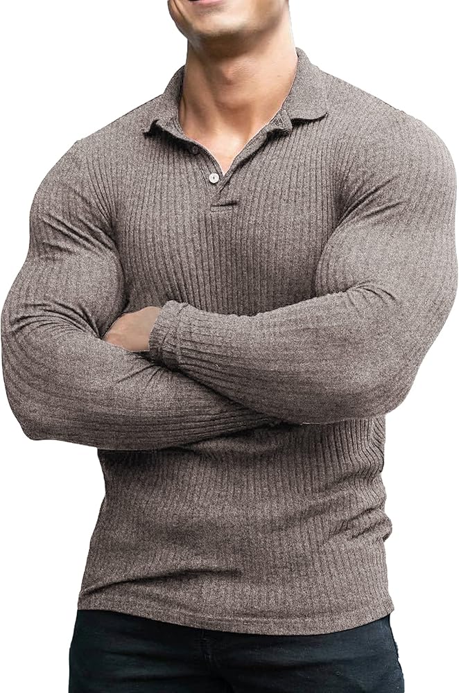 COOFANDY Men's Stretch Muscle Tshirts Long Sleeve Knit Tees Casual Slim Fit Polo Shirts