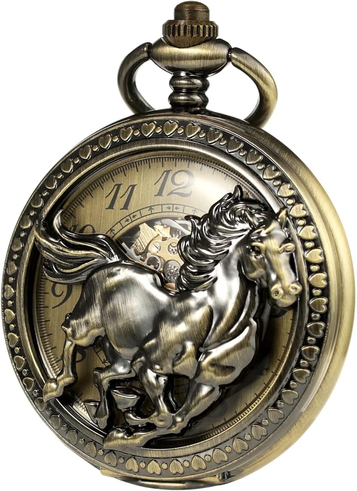 Antique Mechanical Bronze Pocket Watches for Men 3D Horse Pattern Pocket Watch with Chain Skeleton Dial Arabic Numberals