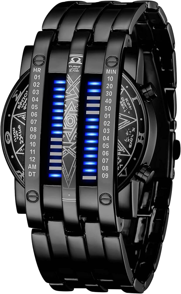 FANMIS Creative Mens Binary Matrix Blue LED Digital Watch Fashion Classic Black Plated Waterproof LED Backlight Bracelet Watches