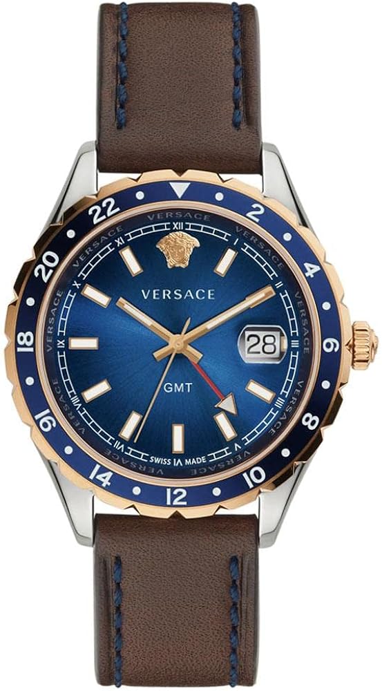 Versace Collection Luxury Mens Watch Timepiece with a Brown Strap Featuring a Brown Case and Blue Dial