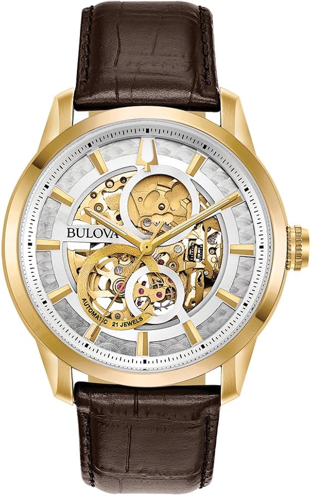 Bulova Men's Classic Sutton Automatic Skeleton Dial Brown Leather Strap Watch | 43mm | 97A138